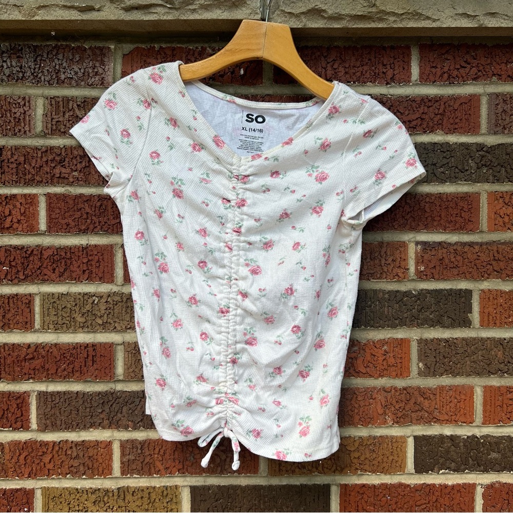 SO White and Pink Floral Waffle Knit V Neck Drawstring V Neck Short Sleeve Top